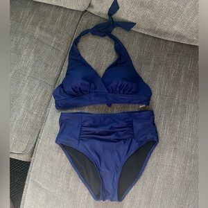 Amazon | Navy Blue Matching Bikini Set, Halter Padded Bra & High Waisted Bottoms